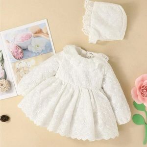 Christening baptism outfit with hat and shoes.